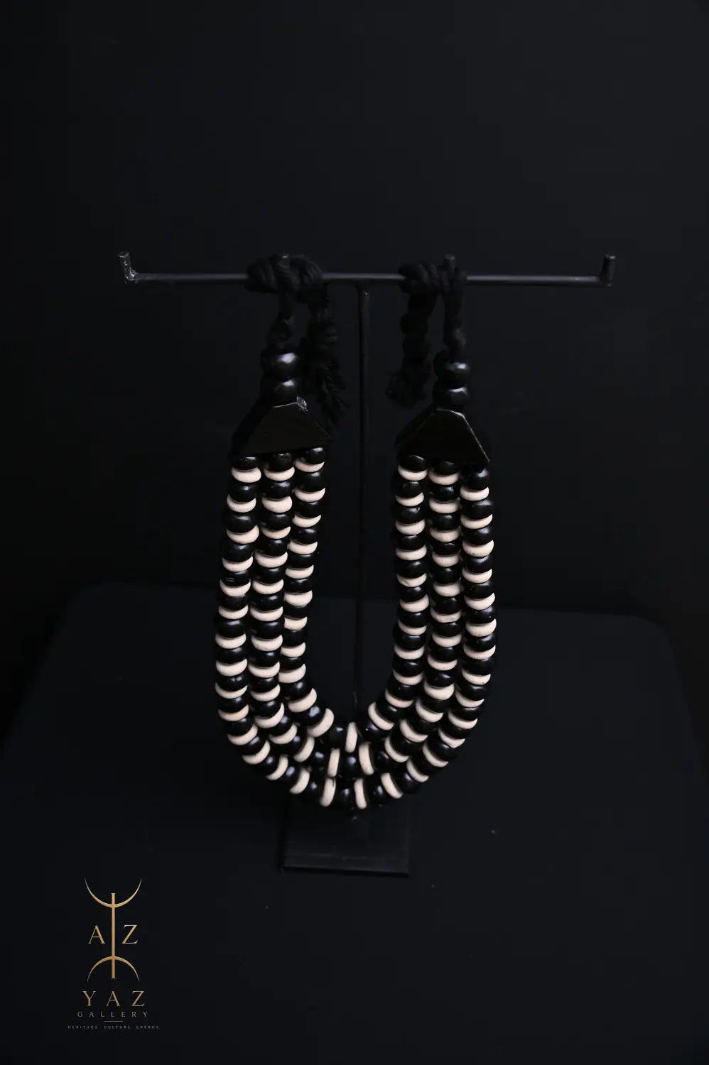 Midnight Contrast Pendant Sculpture – Black & White Beads with Black Rope on Black Stand (62 x 34 cm)