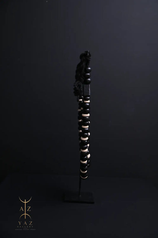 Midnight Contrast Pendant Sculpture – Handcrafted Black & Ivory Beaded Art on Black Stand (62 x 34 cm)