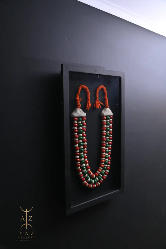 Verdant Heritage Bead Wall Art – Handmade Green Red & Ivory Tribal-Inspired Decor with Orange Rope (70 x 40 cm)