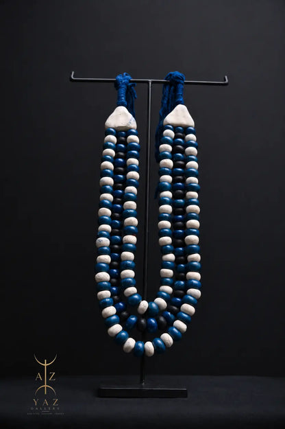 Azure Harmony Pendant Wall Art – Handmade Blue & Ivory Beaded Sculpture on Black Stand (62 x 34 cm)