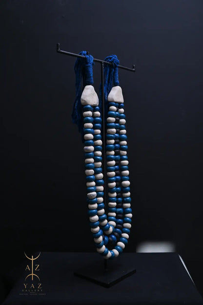 Azure Harmony Pendant Wall Art – Handmade Blue & Ivory Beaded Sculpture on Black Stand (62 x 34 cm)