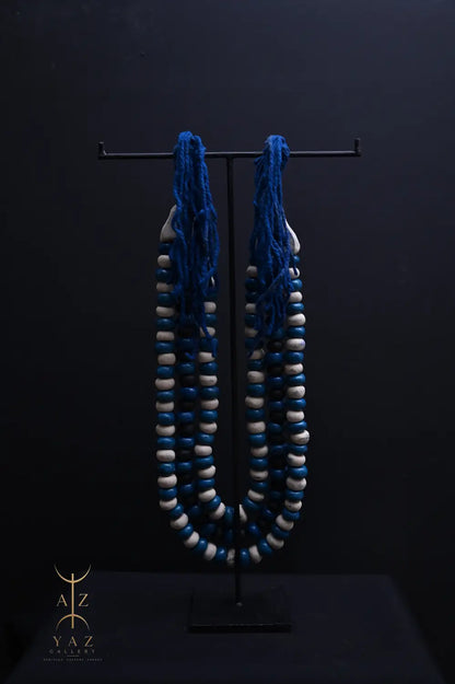 Azure Harmony Pendant Wall Art – Handmade Blue & Ivory Beaded Sculpture on Black Stand (62 x 34 cm)