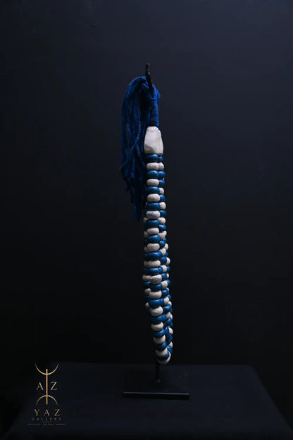Azure Harmony Pendant Wall Art – Handmade Blue & Ivory Beaded Sculpture on Black Stand (62 x 34 cm)