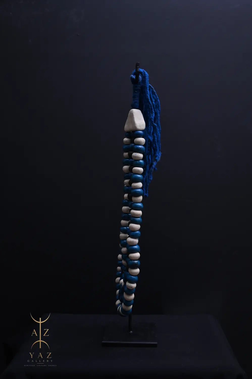 Azure Harmony Pendant Wall Art – Handmade Blue & Ivory Beaded Sculpture on Black Stand (62 x 34 cm)