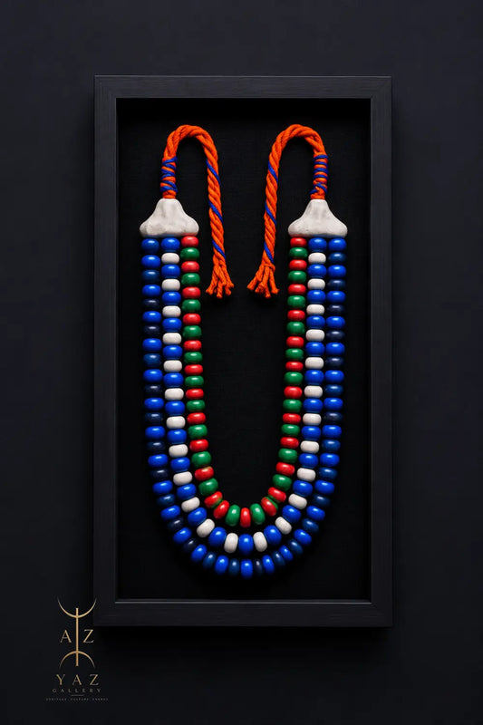Azure Heritage Bead Wall Art – Handmade Blue Red Ivory Green & Black Tribal-Inspired Decor (70 x 40 cm)