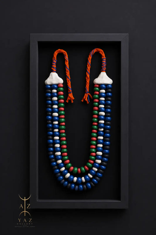 Azure Heritage Bead Wall Art – Handmade Blue Red Ivory Green & Black Tribal-Inspired Decor (70 x 40 cm)
