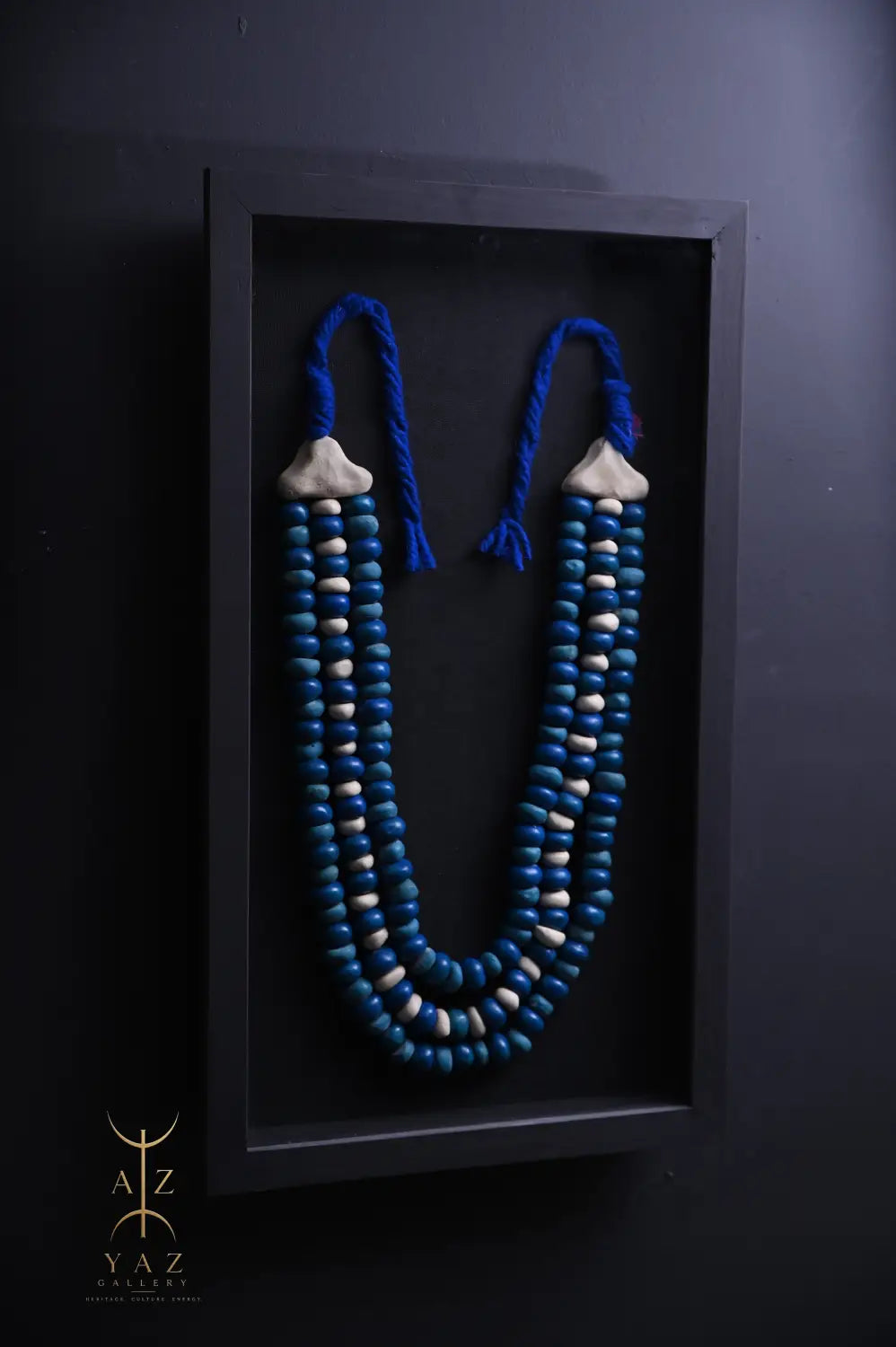 Azure & Ivory Tribal Bead Wall Art – Handmade Framed African-Inspired Decor | 70 x 40 cm