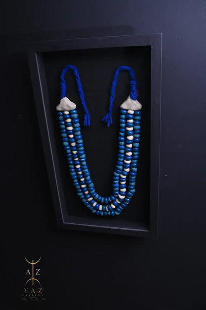 Azure & Ivory Tribal Bead Wall Art – Handmade Framed African-Inspired Decor | 70 x 40 cm