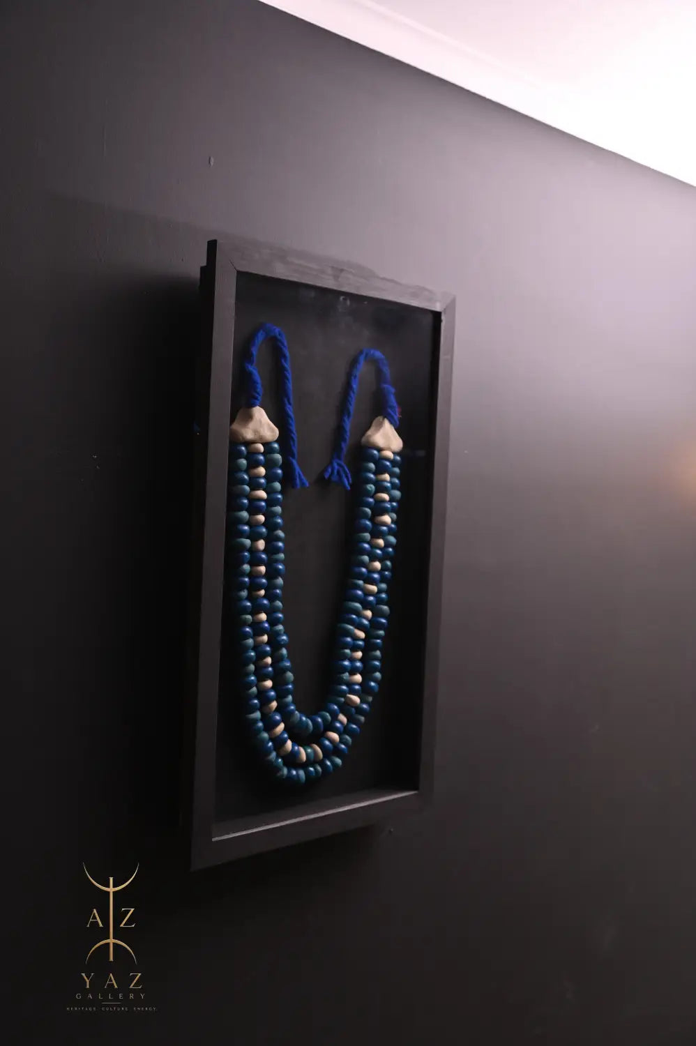 Azure & Ivory Tribal Bead Wall Art – Handmade Framed African-Inspired Decor | 70 x 40 cm