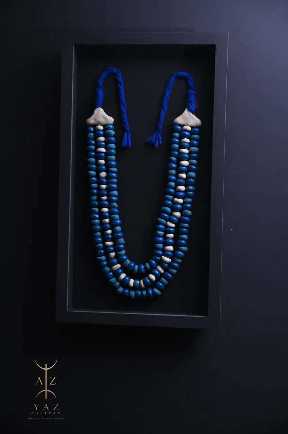 Azure & Ivory Tribal Bead Wall Art – Handmade Framed African-Inspired Decor | 70 x 40 cm