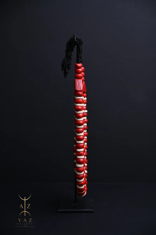 Crimson Ivory Heritage Pendant Sculpture – Handmade Decorative Bead Art on Black Stand (62 x 34 cm)