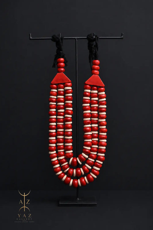 Crimson Ivory Heritage Pendant Sculpture – Handmade Decorative Bead Art on Black Stand (62 x 34 cm)