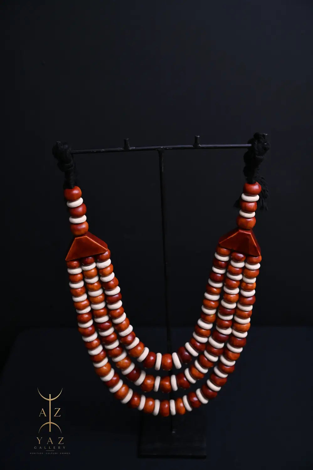Earth Essence Pendant Sculpture – Brown & Ivory Beads with Black Rope on Black Stand (62 × 34 cm)