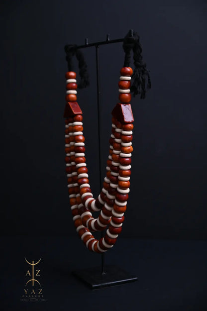 Earth Essence Pendant Sculpture – Brown & Ivory Beads with Black Rope on Black Stand (62 × 34 cm)