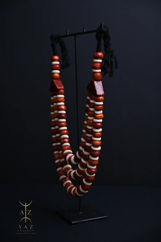 Earth Essence Pendant Sculpture – Brown & Ivory Beads with Black Rope on Black Stand (62 × 34 cm)