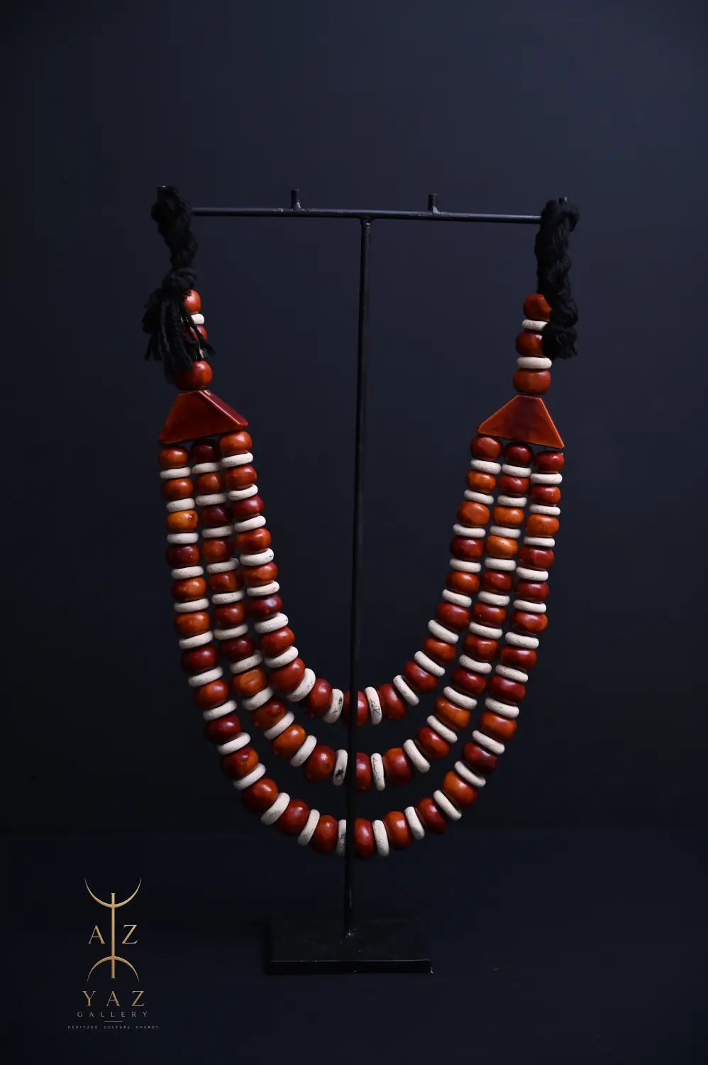 Earth Essence Pendant Sculpture – Brown & Ivory Beads with Black Rope on Black Stand (62 × 34 cm)