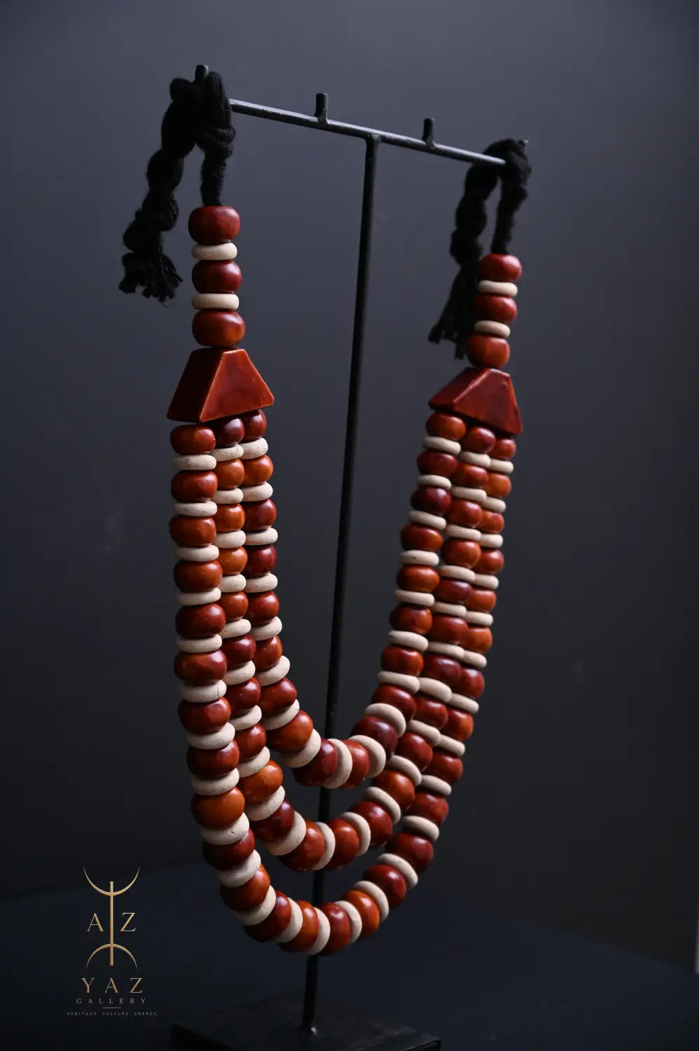 Earth Essence Pendant Sculpture – Brown & Ivory Beads with Black Rope on Black Stand (62 × 34 cm)