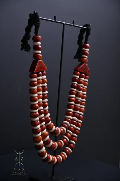 Earth Essence Pendant Sculpture – Brown & Ivory Beads with Black Rope on Black Stand (62 × 34 cm)