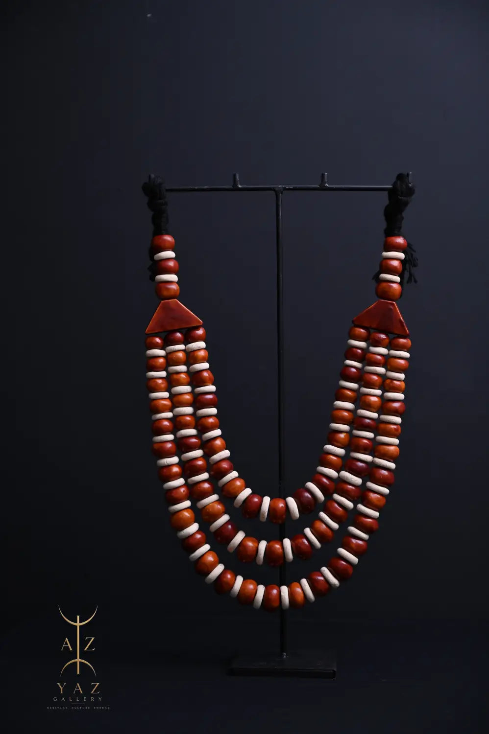 Earth Essence Pendant Sculpture – Brown & Ivory Beads with Black Rope on Black Stand (62 × 34 cm)