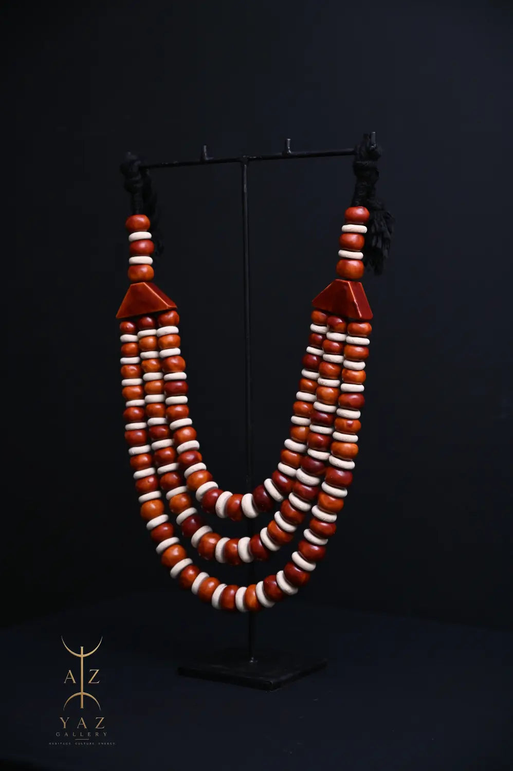 Earth Essence Pendant Sculpture – Brown & Ivory Beads with Black Rope on Black Stand (62 × 34 cm)