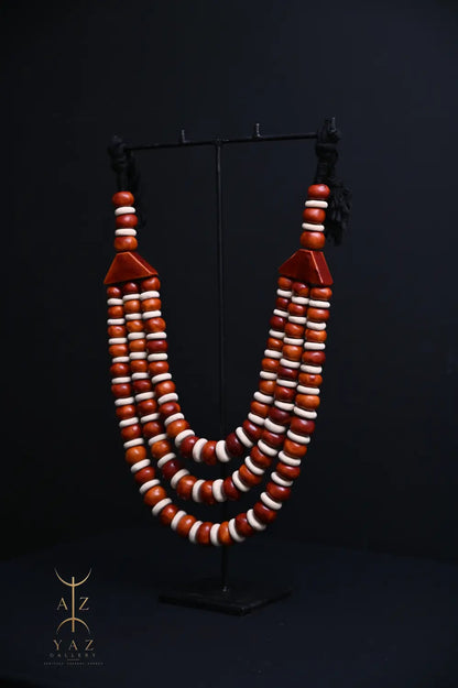 Earth Essence Pendant Sculpture – Brown & Ivory Beads with Black Rope on Black Stand (62 × 34 cm)