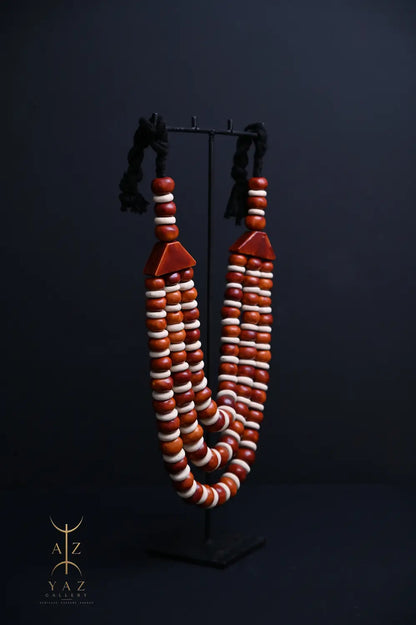 Earth Essence Pendant Sculpture – Brown & Ivory Beads with Black Rope on Black Stand (62 × 34 cm)