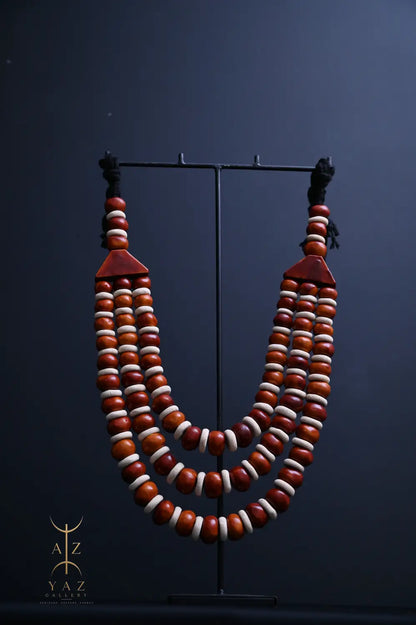 Earth Essence Pendant Sculpture – Brown & Ivory Beads with Black Rope on Black Stand (62 × 34 cm)