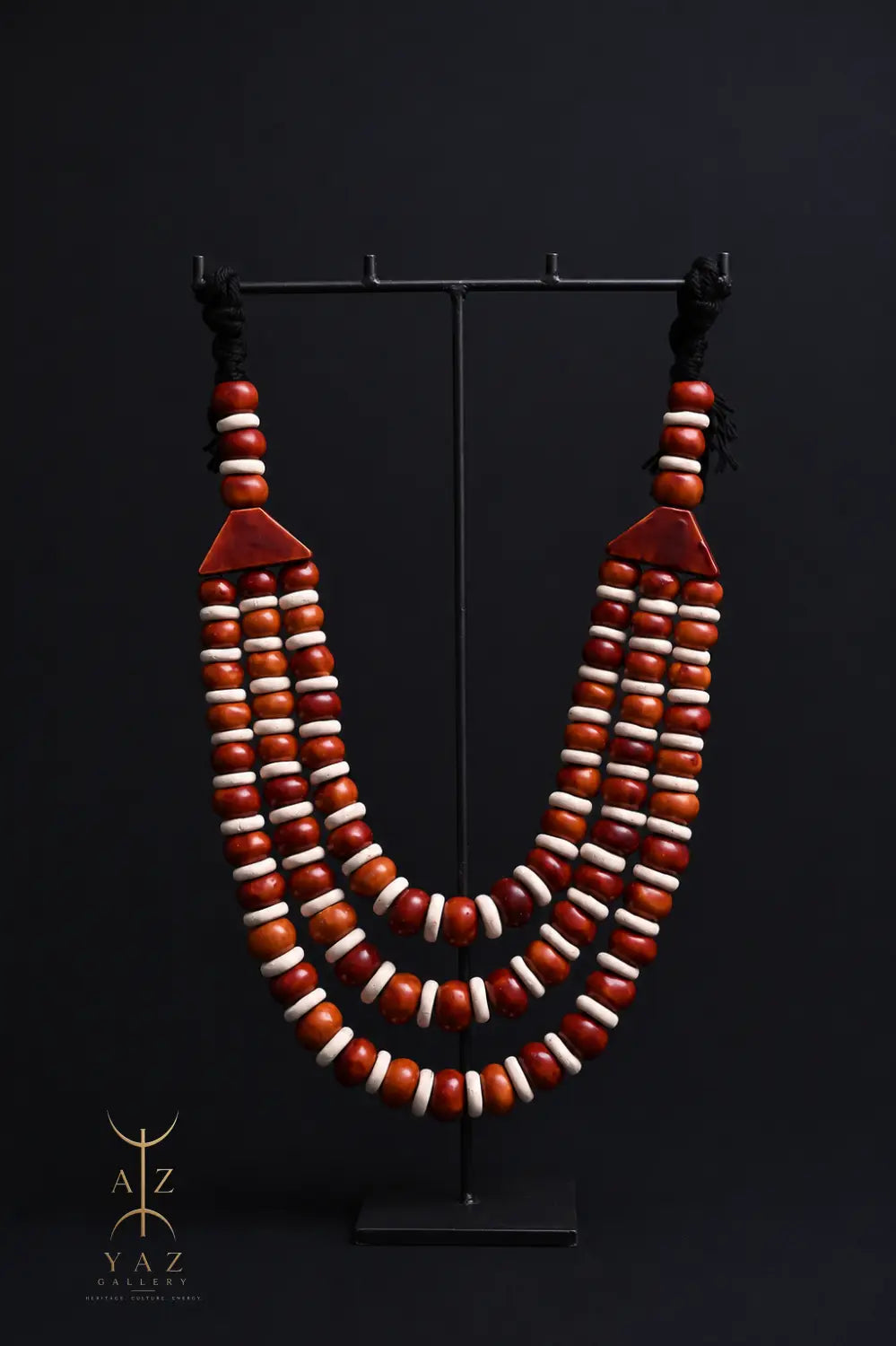 Earth Essence Pendant Sculpture – Brown & Ivory Beads with Black Rope on Black Stand (62 × 34 cm)