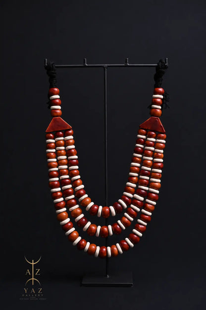 Earth Essence Pendant Sculpture – Brown & Ivory Beads with Black Rope on Black Stand (62 × 34 cm)