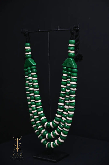 Emerald Harmony Pendant Sculpture – Green & Ivory Beads with Black Rope on Black Stand (62 × 34 cm)