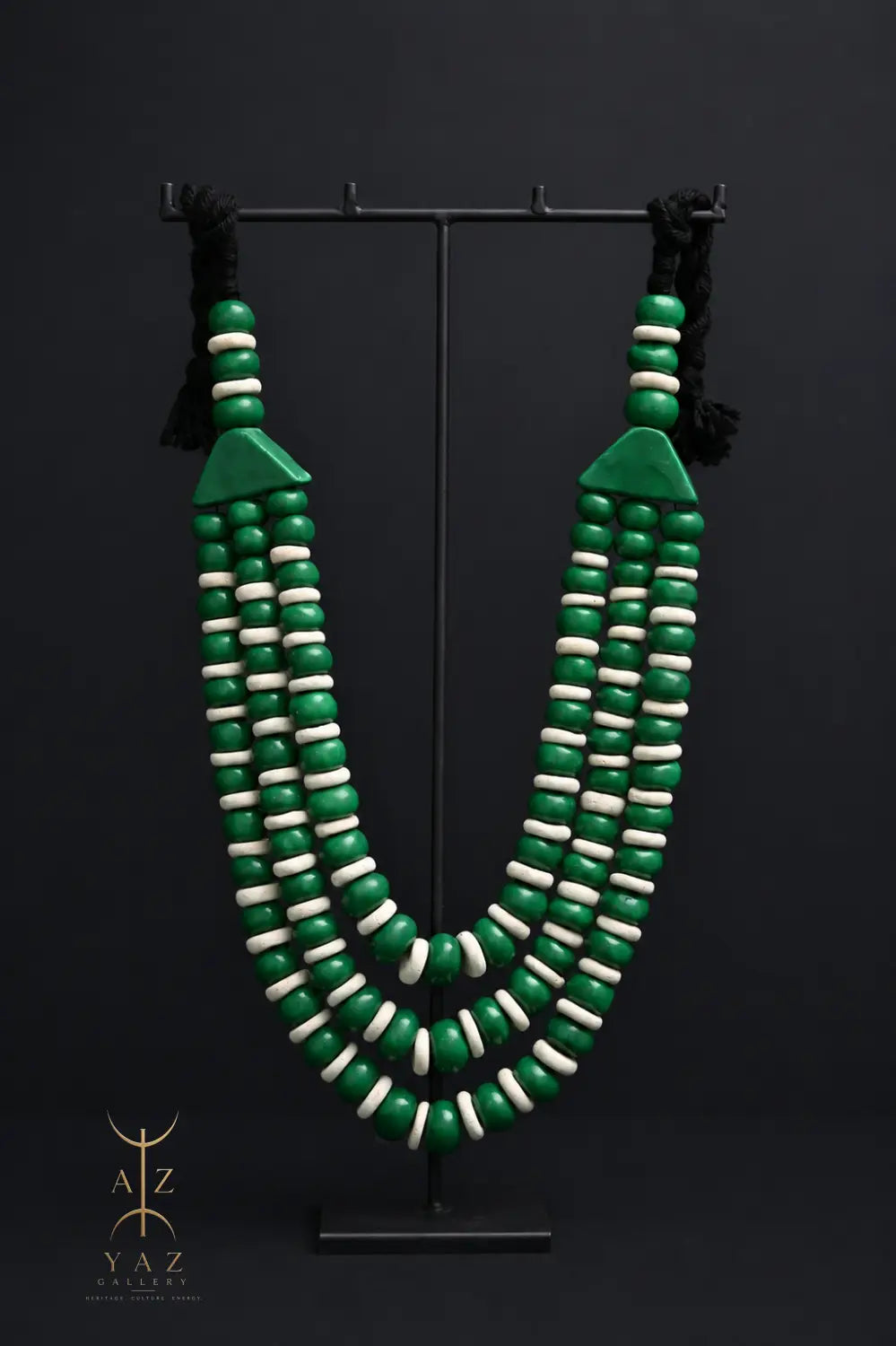 Emerald Harmony Pendant Sculpture – Green & Ivory Beads with Black Rope on Black Stand (62 × 34 cm)