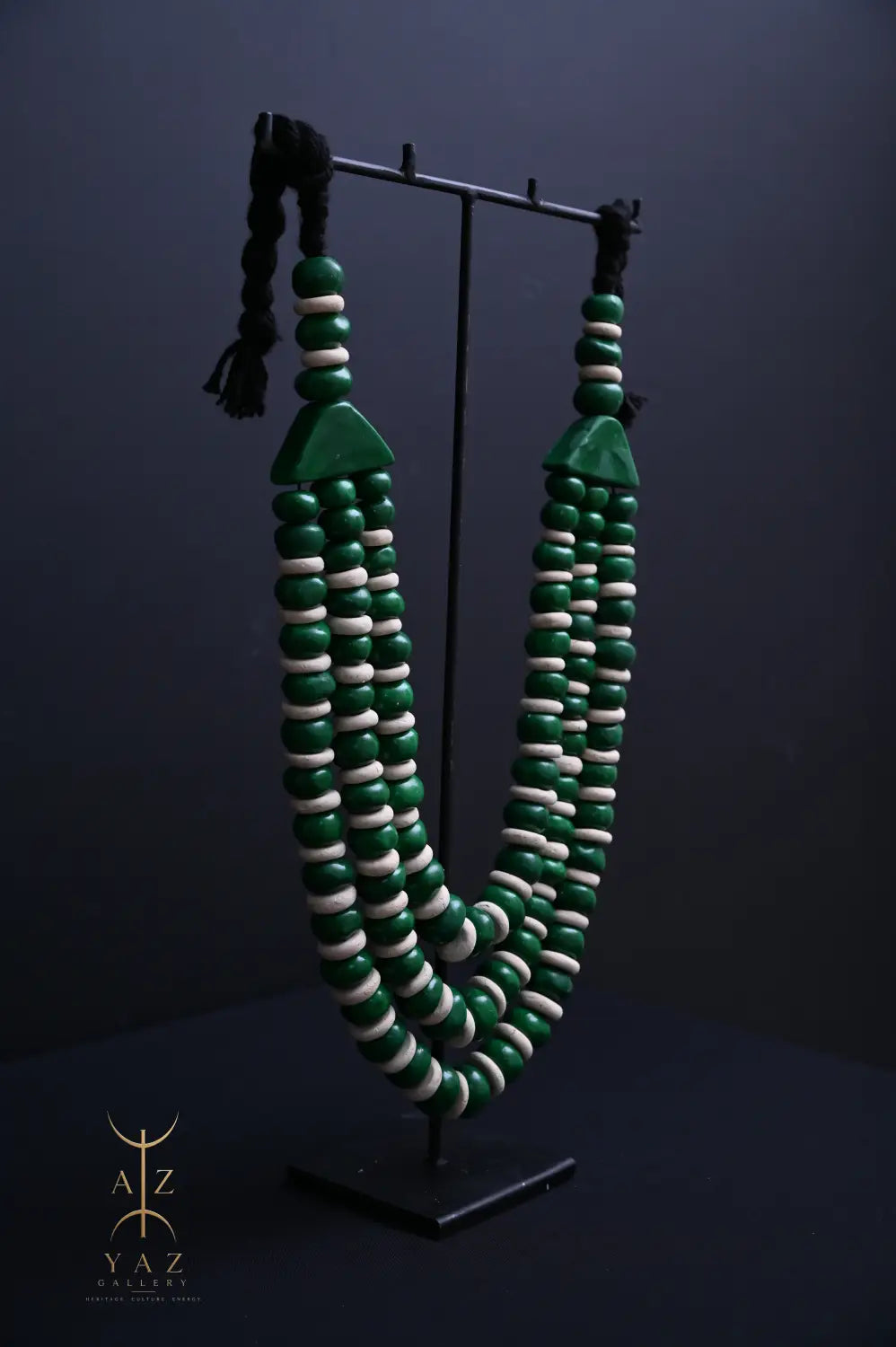 Emerald Harmony Pendant Sculpture – Green & Ivory Beads with Black Rope on Black Stand (62 × 34 cm)