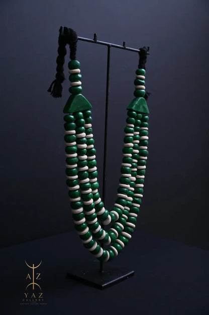 Emerald Harmony Pendant Sculpture – Green & Ivory Beads with Black Rope on Black Stand (62 × 34 cm)