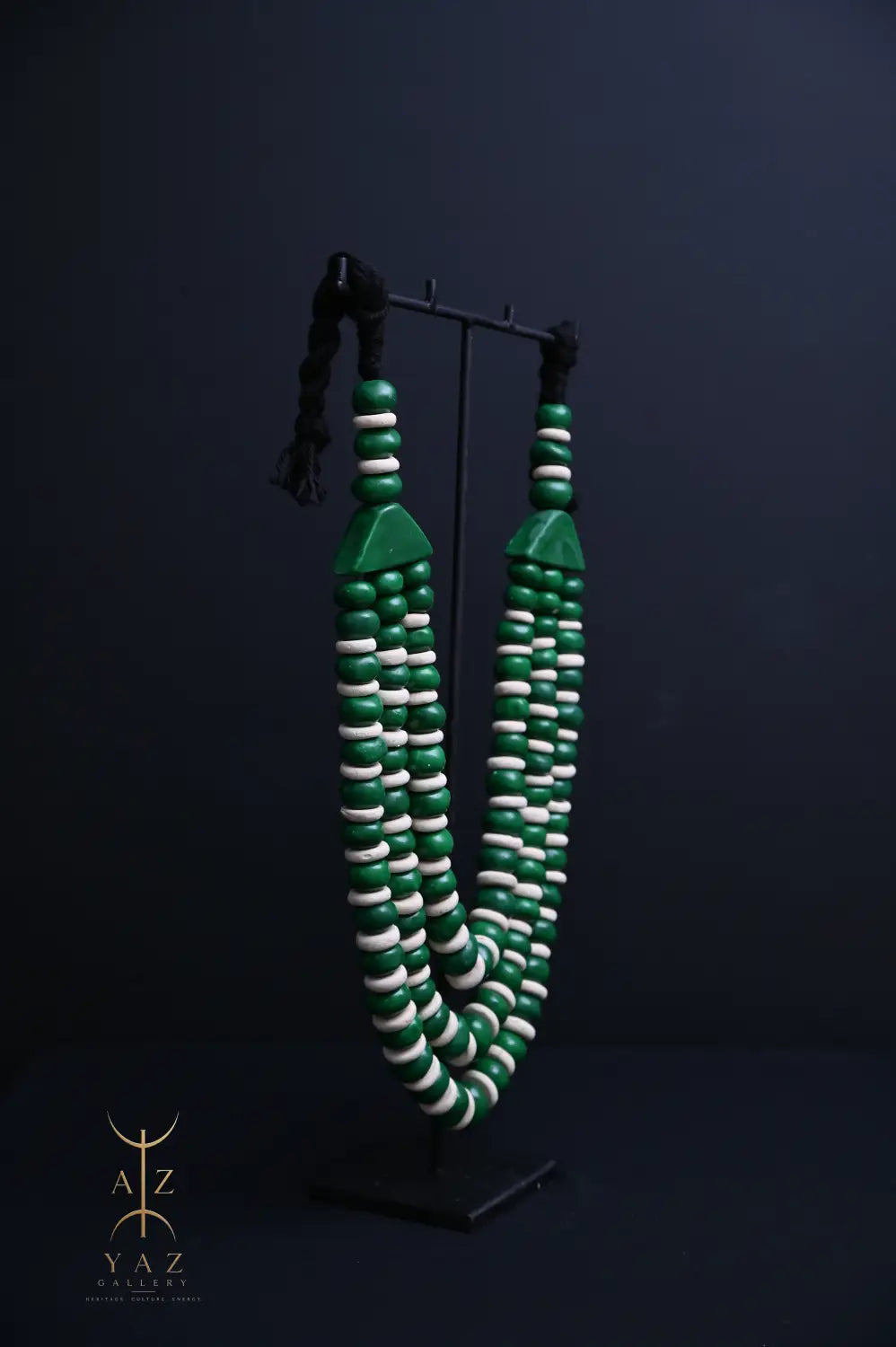 Emerald Harmony Pendant Sculpture – Green & Ivory Beads with Black Rope on Black Stand (62 × 34 cm)