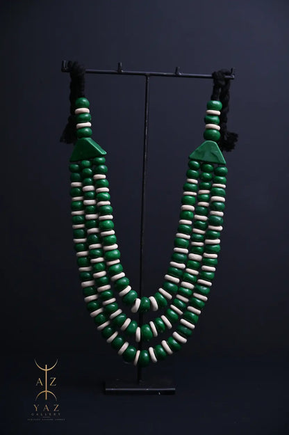 Emerald Harmony Pendant Sculpture – Green & Ivory Beads with Black Rope on Black Stand (62 × 34 cm)