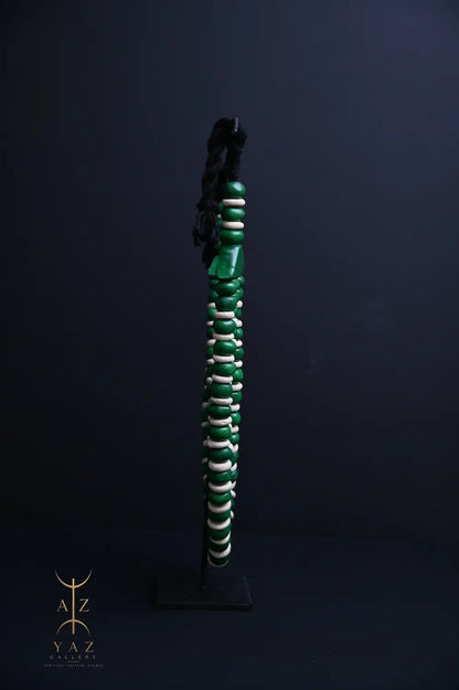 Emerald Harmony Pendant Sculpture – Green & Ivory Beads with Black Rope on Black Stand (62 × 34 cm)