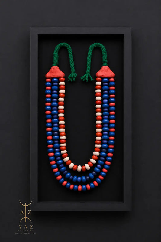 Emerald Heritage Bead Wall Art – Handmade Blue Red & Ivory Tribal-Inspired Decor with Green Rope (70 x 40 cm)