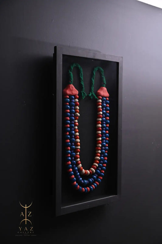Emerald Heritage Bead Wall Art – Handmade Blue Red & Ivory Tribal-Inspired Decor with Green Rope (70 x 40 cm)