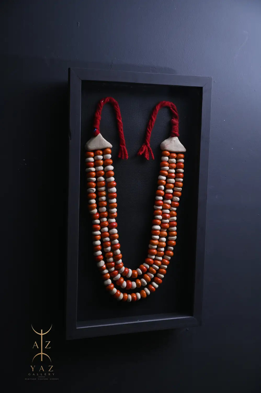 Golden Curry Bead Wall Art – Handmade Framed Statement Piece with Burgundy Rope (70 x 40 cm)