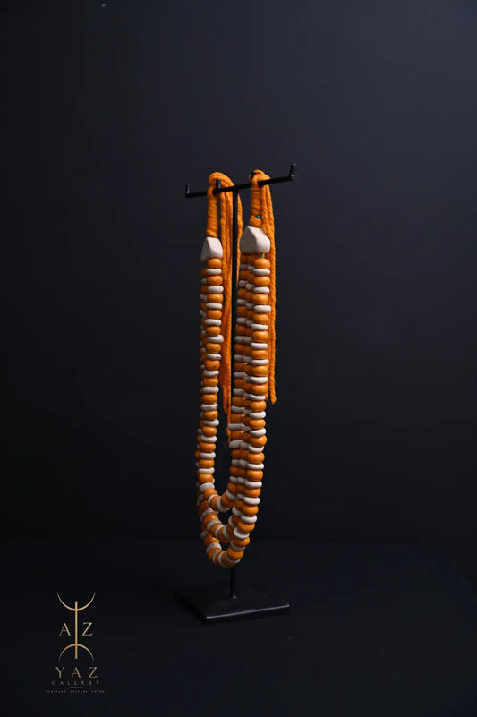 Golden Ivory Heritage Pendant Sculpture – Handmade Decorative Bead Art on Black Stand (62 x 34 cm)