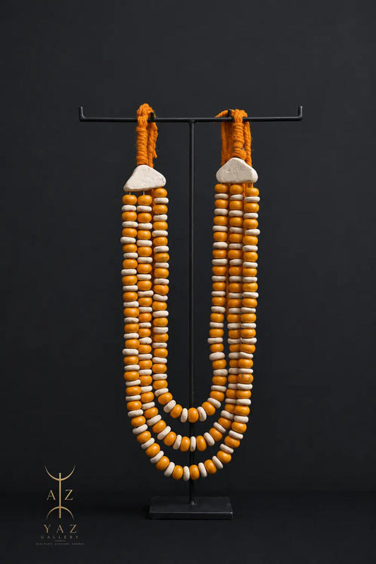 Golden Ivory Heritage Pendant Sculpture – Handmade Decorative Bead Art on Black Stand (62 x 34 cm)