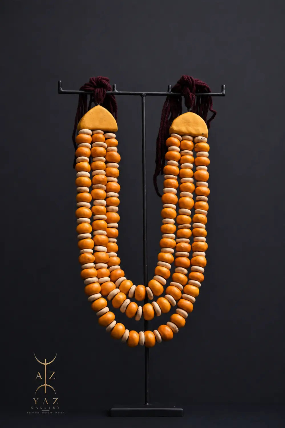 Golden Ivory Nomad Pendant Sculpture – Handmade Decorative Bead Art on Black Stand (62 x 34 cm)