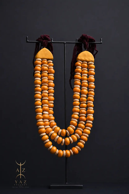 Golden Ivory Nomad Pendant Sculpture – Handmade Decorative Bead Art on Black Stand (62 x 34 cm)