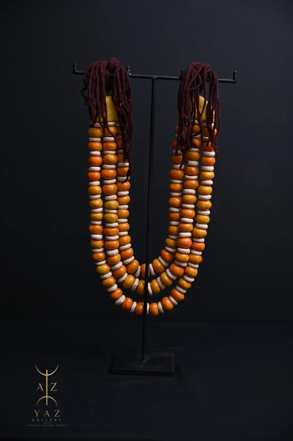 Golden Ivory Nomad Pendant Sculpture – Handmade Decorative Bead Art on Black Stand (62 x 34 cm)