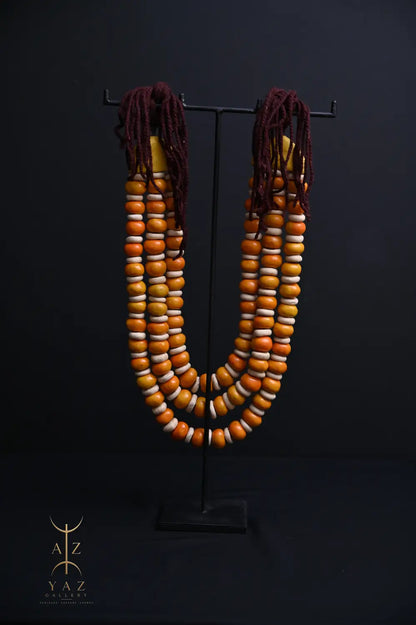 Golden Ivory Nomad Pendant Sculpture – Handmade Decorative Bead Art on Black Stand (62 x 34 cm)