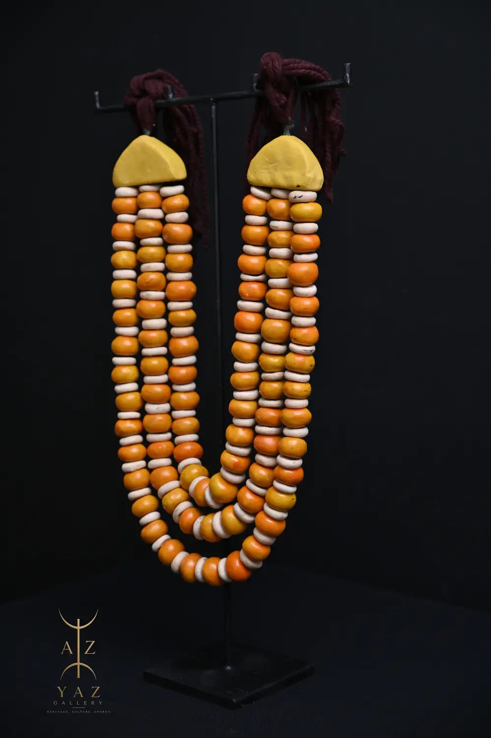 Golden Ivory Nomad Pendant Sculpture – Handmade Decorative Bead Art on Black Stand (62 x 34 cm)
