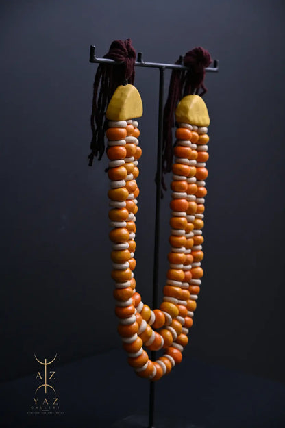 Golden Ivory Nomad Pendant Sculpture – Handmade Decorative Bead Art on Black Stand (62 x 34 cm)