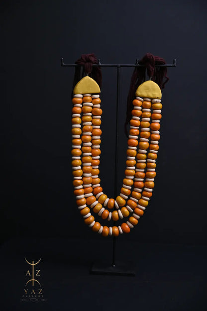 Golden Ivory Nomad Pendant Sculpture – Handmade Decorative Bead Art on Black Stand (62 x 34 cm)