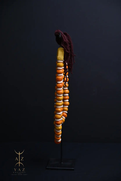 Golden Ivory Nomad Pendant Sculpture – Handmade Decorative Bead Art on Black Stand (62 x 34 cm)