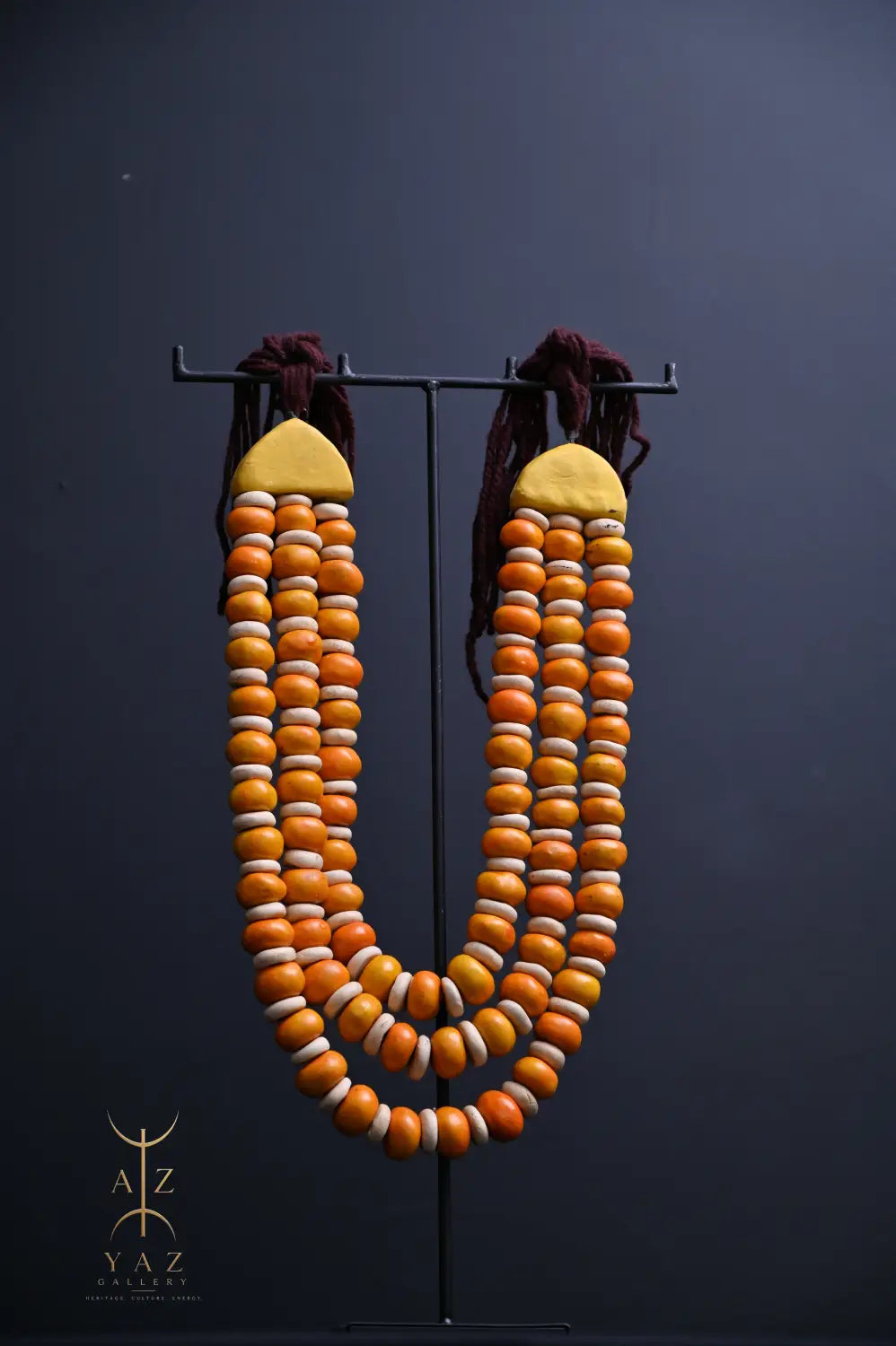 Golden Ivory Nomad Pendant Sculpture – Handmade Decorative Bead Art on Black Stand (62 x 34 cm)